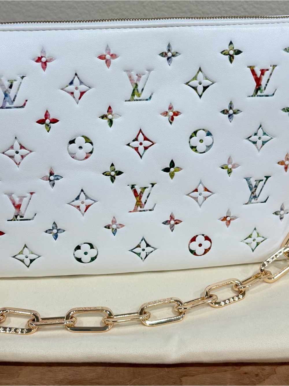 Louis Vuitton White Multicolor Monogram Clutch with Gold Chain